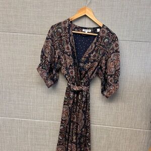 Veronica Beard Navy Paisley Wrap Midi Dress with Brown Accents